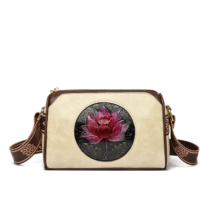 Three Layers Women Handbag Soft Leather Shoulder Crossbody Bags for Women Flower Print Ladies Messenger Bag with WIde Strap Rice White