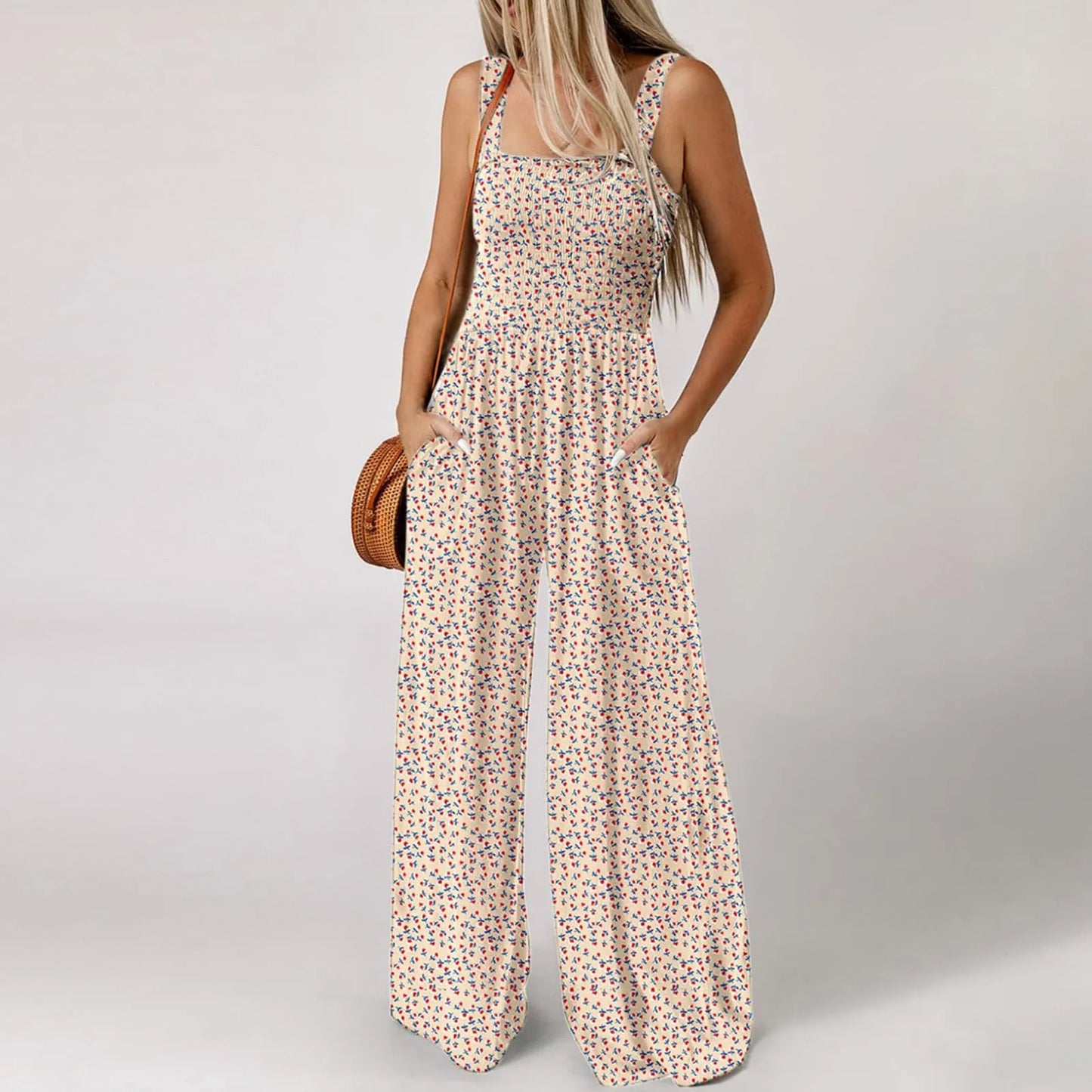 Women'S Suspender Jumpsuits Fashion Trend Pleated Shoulder Straps Printed Pocket Loose Wide Leg Jumpsuits Daily Casual All-Match