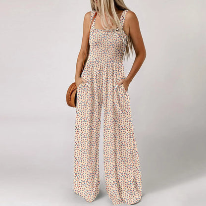 Women'S Suspender Jumpsuits Fashion Trend Pleated Shoulder Straps Printed Pocket Loose Wide Leg Jumpsuits Daily Casual All-Match