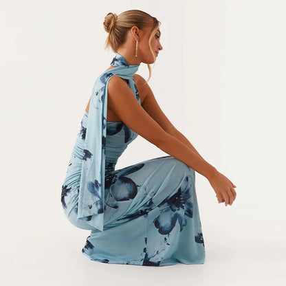 Elegant Floral Print Maxi Dress Backless Sleeveless Long Robes High Waist Slimming Dresses 2025 New Lady Vacation Beach Clothing