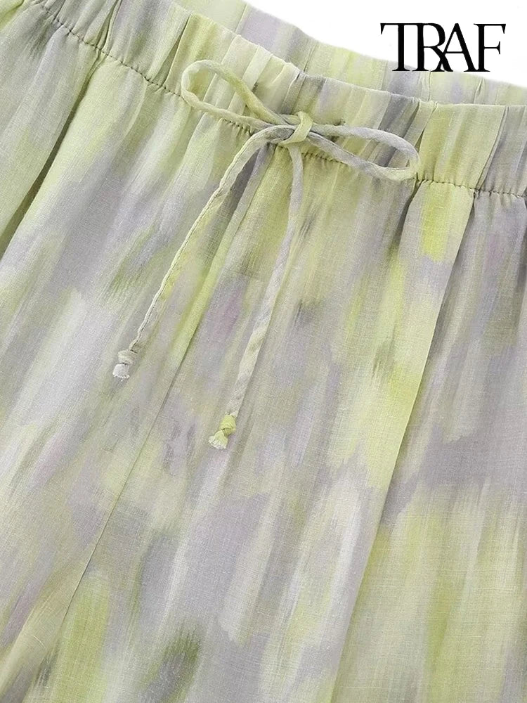 TRAF Women's single-breasted V-neck long-sleeved shirt Drawstring high-waisted wide-legged trousers Retro Printed Cotton Set