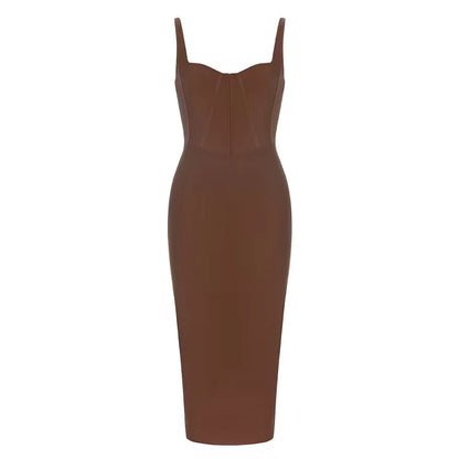 Dark Brown Long Dress Strap Sleeveless Bodycon Bandage Dress Sexy Fashion Women's Summer Celebrity Evening Party Dress Vestidos
