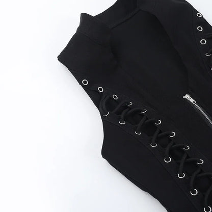 Goth Dark Punk Sleeveless Corn Bandage Tanks Top Women Chic Streetwear Slim Zip Vest Mall Gothic Techwear Summer Fashion T-shirt