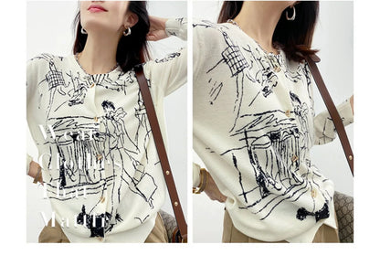 Graffiti Digital Jacquard Fine Imitation Fashion Wool Knitted Cardigan Women's 22 Spring Autumn Thin Loose Jacket Trendy Sweater
