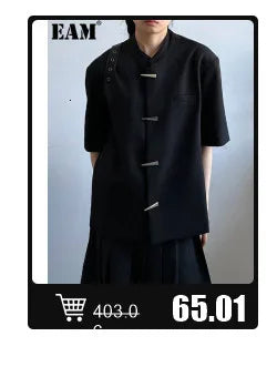 EAM 2024 New Fashion Winter Stand Collar Irregular Long Type Black Cotton-padded Clothes Loose Coat Black Jacket Woman YA771