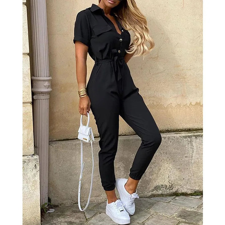 Women's Monochrome Jumpsuit 2024 Spring/Summer Comfortable Casual Flip Collar Printed Belt Work Dress Women's Jumpsuit black