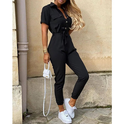 Women's Monochrome Jumpsuit 2024 Spring/Summer Comfortable Casual Flip Collar Printed Belt Work Dress Women's Jumpsuit black