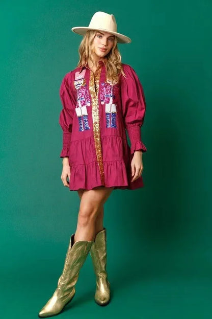 Women Sequin Christmas Nutcracker Shirt Dress Holiday Party Sweatshirt Dresses Long Sleeve Tiered Mini Sundress Prom Vestido New Fuchsia