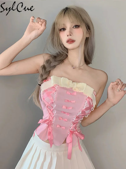 Sylcue Pink Sweet Cool Sexy Tight All-Match Femininity Charm Gorgeous Outer Wear Women'S Street Personality Drawstring Vest