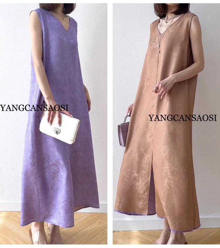 2025 Women's Summer New Luxury 100% Natural Mulberry Silk Jacquard Satin V-neck Split Double Sided Sleeveless Vest Dress Badiee Stylez