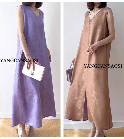 2025 Women's Summer New Luxury 100% Natural Mulberry Silk Jacquard Satin V-neck Split Double Sided Sleeveless Vest Dress Badiee Stylez