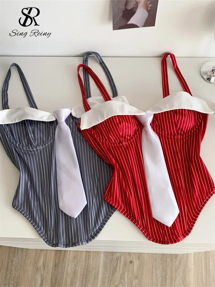 SINGREINY Summer Corset Stripe Tank Top Women Tie Strapless Chic Backless Hotsweet Camis 2025 Streetwear Club Sexy Mini Top