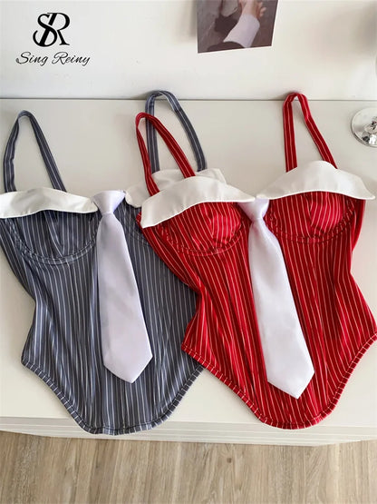 SINGREINY Summer Corset Stripe Tank Top Women Tie Strapless Chic Backless Hotsweet Camis 2025 Streetwear Club Sexy Mini Top
