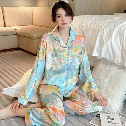 Korean Style Women's Two-piece Pajamas Sets Fashion Flower Print Faux Silk Satin Sleepwear Female Long Sleeve Pants Housewear 13