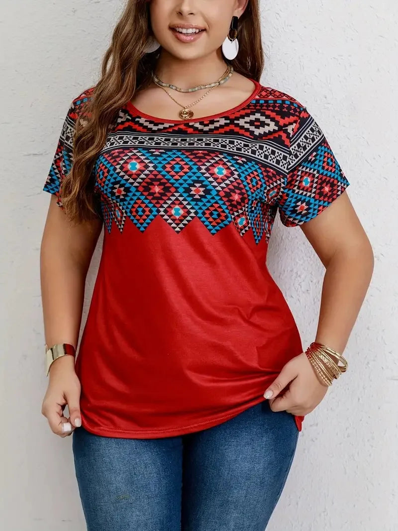 Women T Shirt Plus Size Tops Fashion clothes Women's Plus Southwestern Print Casual Tees Round Neck Short Sleeve T-shirt Tops