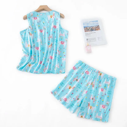 Hzioiys Summer Pajamas Sets Cotton Sleepwear Suit Women Casual Pajama Sets Cartoon Vest Shirt + Shorts Pajamas Suit Plus Size
