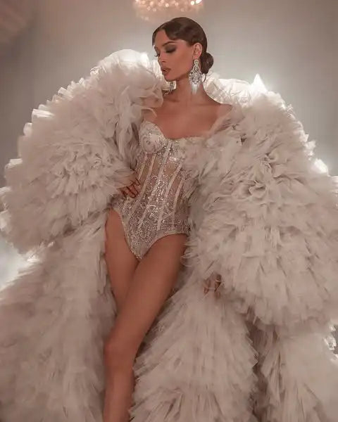 Luxury Champagne Volume Tulle Long Jacket Puffy Sleeves Floor Length Formal Bridal Jacket Cloak Women Outerwear To Stage Show Badiee Stylez