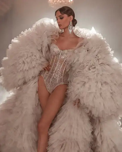 Luxury Champagne Volume Tulle Long Jacket Puffy Sleeves Floor Length Formal Bridal Jacket Cloak Women Outerwear To Stage Show Badiee Stylez