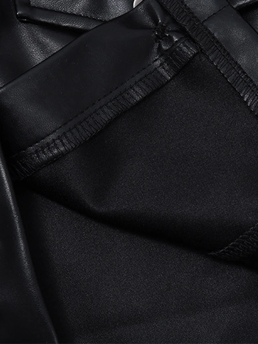 Women Crop Leather Jacket Solid Black Casual Long Sleeve Button Down Jacket Fall Outwear