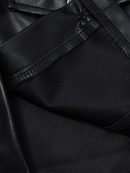 Women Crop Leather Jacket Solid Black Casual Long Sleeve Button Down Jacket Fall Outwear