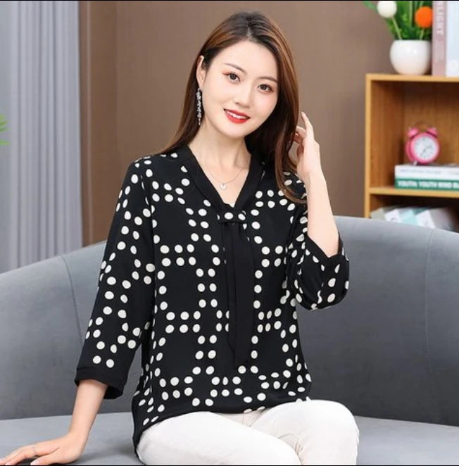 Women's Shirt Middle-aged Mother Elegant Summer Lady Shirts Bandage Floral Printed Chiffon Shirt Blouse Women's Clothing