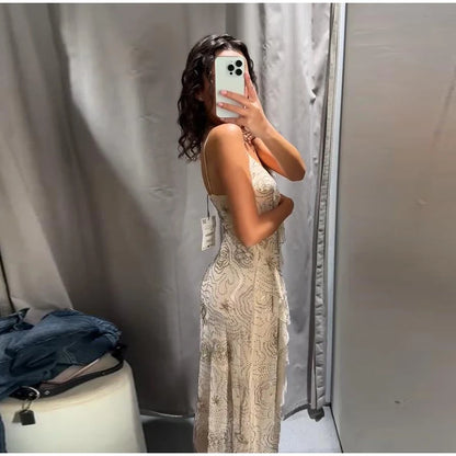 Sexy Beading Ruffle Long Dress Women Embroidery Slip Sleeveless Backless Party Evening Dresses 2025 Summer Lady Shiny Slim Gowns