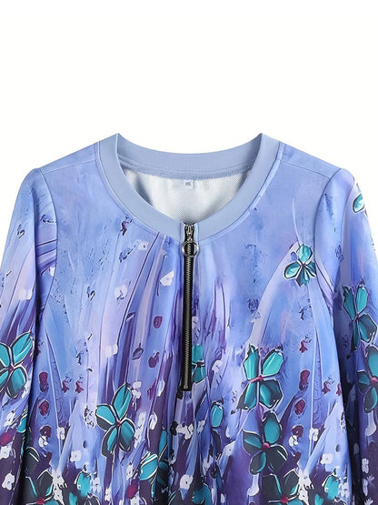 Plus Size Womens Woven Sweatshirt Purple Floral Print Fashion Style Zipper Neck Long Sleeve Top Loose Casual Wear For Spring Aut