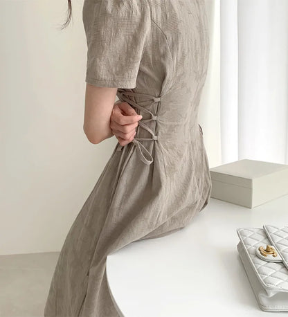 Cotton Linen Dress Long New Hot Sales Woman Short Sleeve Solid Retro Vintage Long Dresses