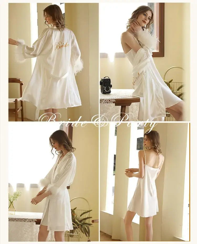 Kimono Bride Bridesmaid Robe Loungewear Wedding Bathrobe Gown Feather Women Embroidery Letter Sleepwear Short Satin Nightgown