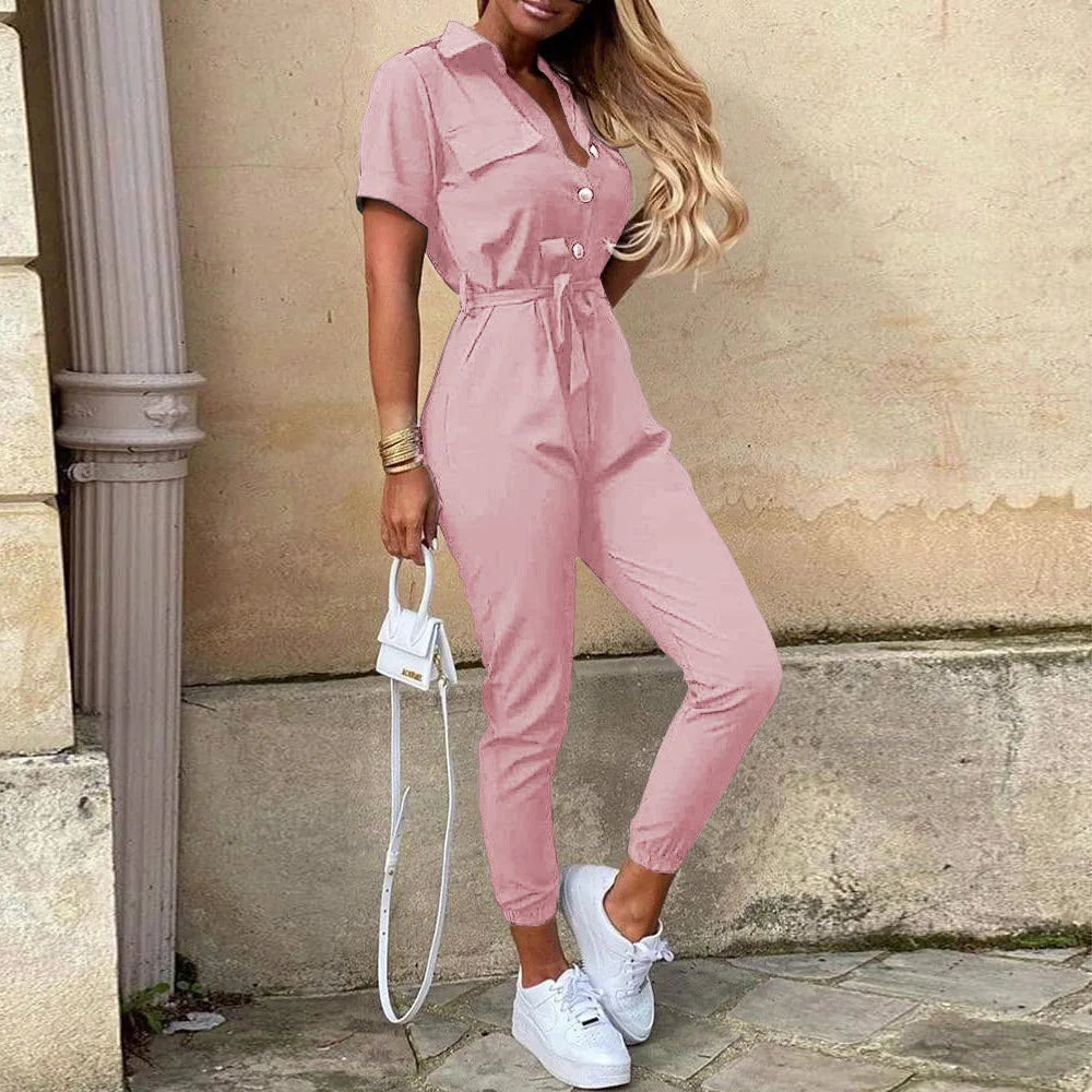 Women's Monochrome Jumpsuit 2024 Spring/Summer Comfortable Casual Flip Collar Printed Belt Work Dress Women's Jumpsuit