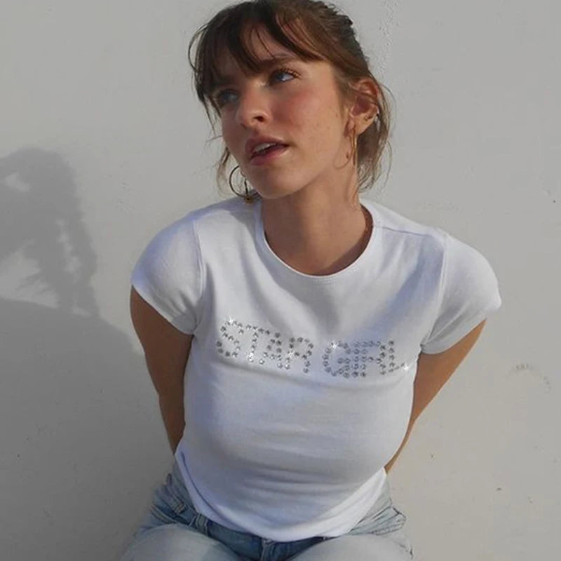 Star Girl Bling Rhinestones Women Grunge T-shirt Y2k Aesthetic Clothes Vintage Street Tee Grunge Graphic Short Sleeve Tops