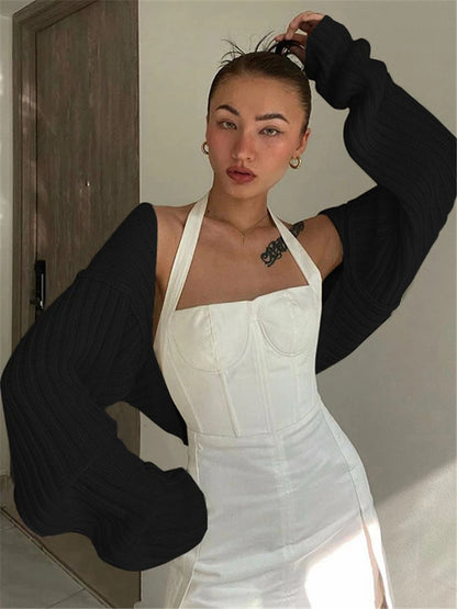 Tossy White Women Sweater Shrugs Cropped Top Full Lantern Sleeve Knitwear Pullover Sexy Summer High Street Outwear 2023 Spring black One Size