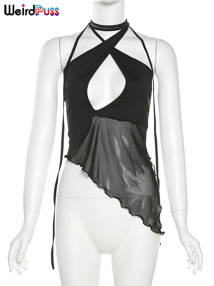 Weird Puss Cross Halter Women Tank Tops Hollow Out Backless Sleeveless Irregular Mesh Patchwork Solid Sexy Wild Party Clubwear