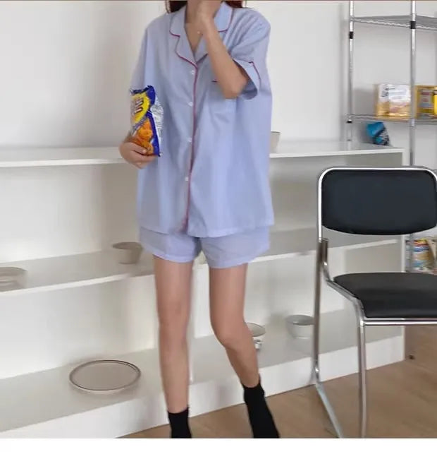 Women's Striped Solid Color Pajamas Short Sleeve Shorts Cardigan with Lapel Student Homewear Two-Piece Set Girl Sleepwear