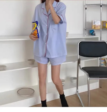 Women's Striped Solid Color Pajamas Short Sleeve Shorts Cardigan with Lapel Student Homewear Two-Piece Set Girl Sleepwear