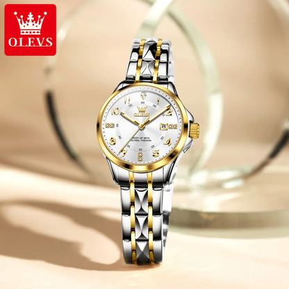 OLEVS 2910 Original Quartz Watches for Women Rhombus Steel Strap Waterproof Luminous Calendar Elegant Luxury Ladies Wristwatches