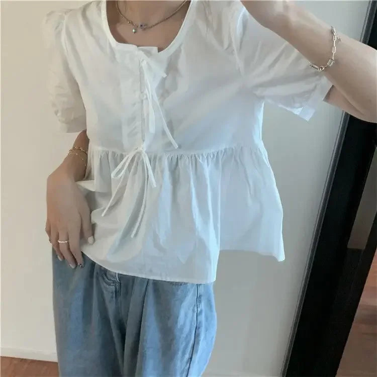 Ruffles Shirts and Blouses Korea Short Sleeve Top Women 2024 Summer Lace-up Sweet Blouses Cute Elegant Solid Sweet Folds Clothes