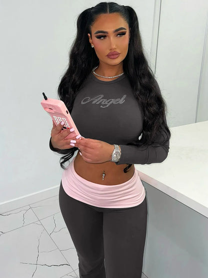 Dulzura Women’S Sexy Casual 2 Piece Pants Set Long Sleeve Letter Print Bodycon Crop Top And Flare Pants Matching Set Streetwear Dark Grey