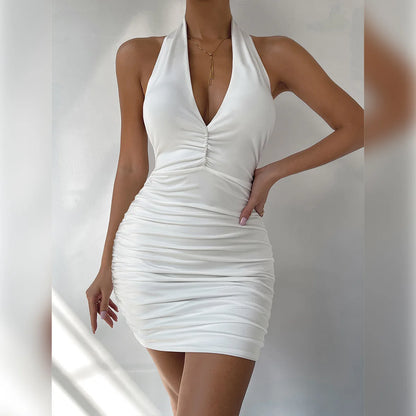 Sexy Deep V Evening Party Sleeveless Backlss Dress 2024 Summer Short White Halter Dresses Women Tight Club Mini Dress Clubwear WHITE