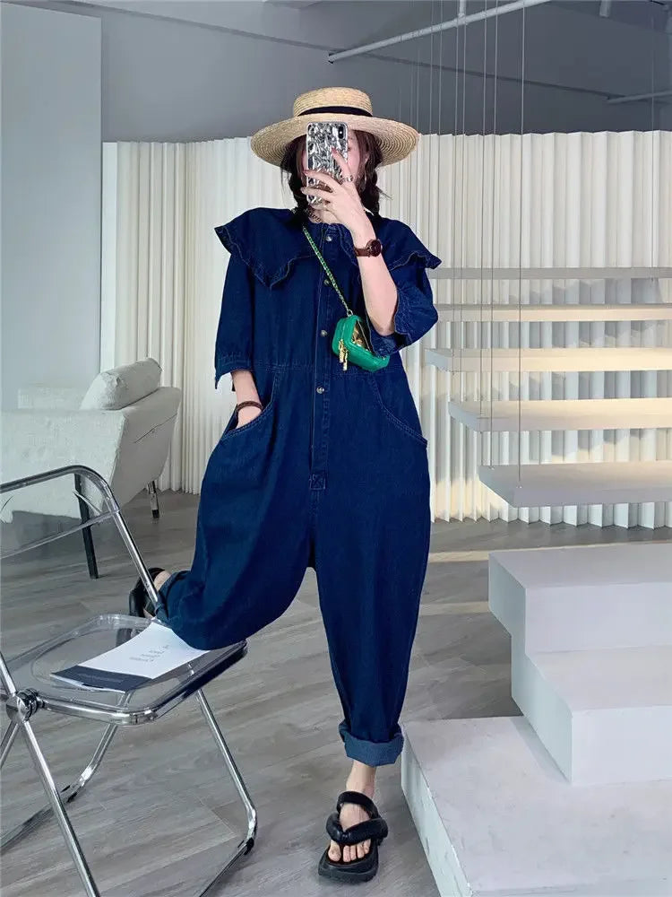 Jumpsuits Women 2022 New Fashion Autumn Spring Jeans Doll Collar Solid  Full Length High Waist Loose Jump Suits for Women Badiee Stylez