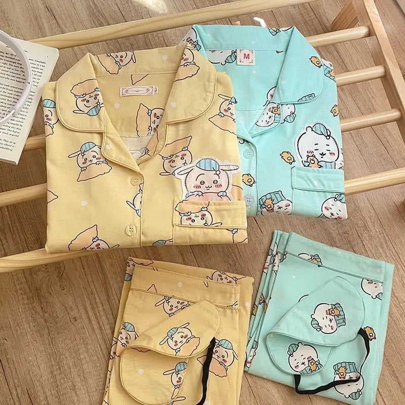Kawaii Chiikawa Anime Pajamas Cartoon Usagi Hachiware Cute Girls Long Sleeves Long Pants Spring Autumn Student Home Clothes Set