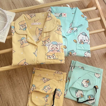 Kawaii Chiikawa Anime Pajamas Cartoon Usagi Hachiware Cute Girls Long Sleeves Long Pants Spring Autumn Student Home Clothes Set