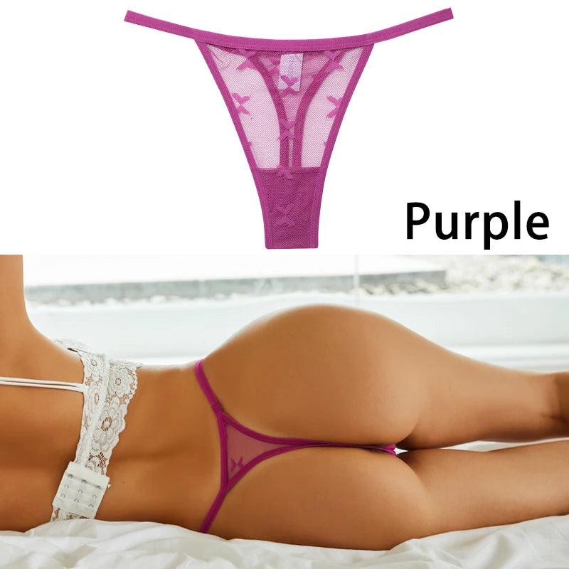 S-XL Sexy G String Thong Mesh Perspective Women Panties Low Waist Female Underpants Solid Color T-back Underwear Thongs Women Purple 1pc
