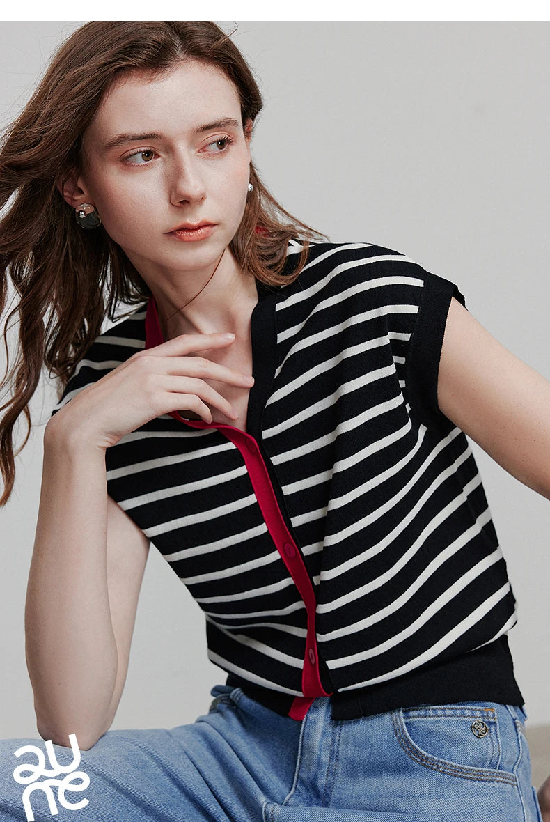 TOYOUTH Women Knitwear 2025 Summer New Short Sleeve Striped Contrast Color Pullover Tops 8523018