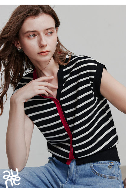 TOYOUTH Women Knitwear 2025 Summer New Short Sleeve Striped Contrast Color Pullover Tops 8523018