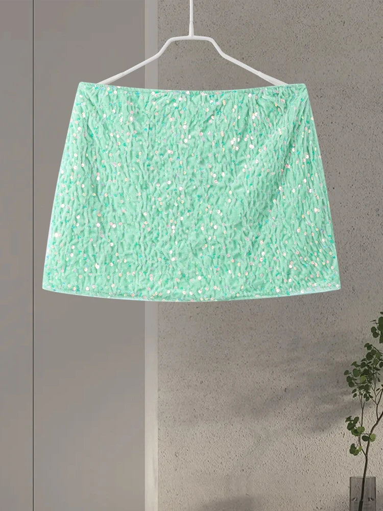 O-neck Vest Mini Skirt Suits Women Sexy sparkly Sequined Sleeveless Tank Tops With Bodycon Short Skirts Fashion Ladies Beachwear