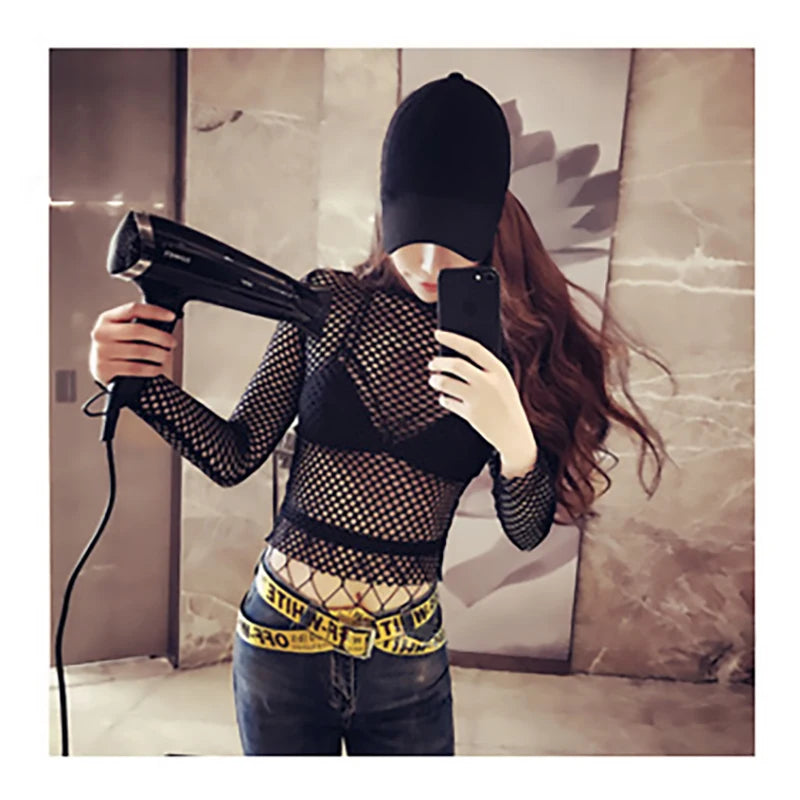 Sexy T-shirt for Women Goth Black Skinny Mesh See Through Long Sleeve Tees Pullover Crop Top Gothic Turtleneck Streetwear