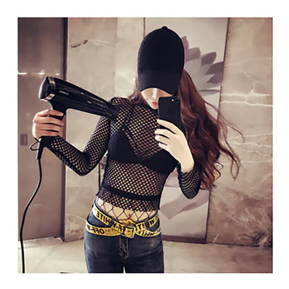 Sexy T-shirt for Women Goth Black Skinny Mesh See Through Long Sleeve Tees Pullover Crop Top Gothic Turtleneck Streetwear