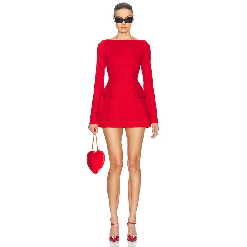 Mozision Double Bow Long Sleeve Sexy Mini Dress For Women Autumn Winter New Solid High Waist Bodycon Club Party Dress Elegant