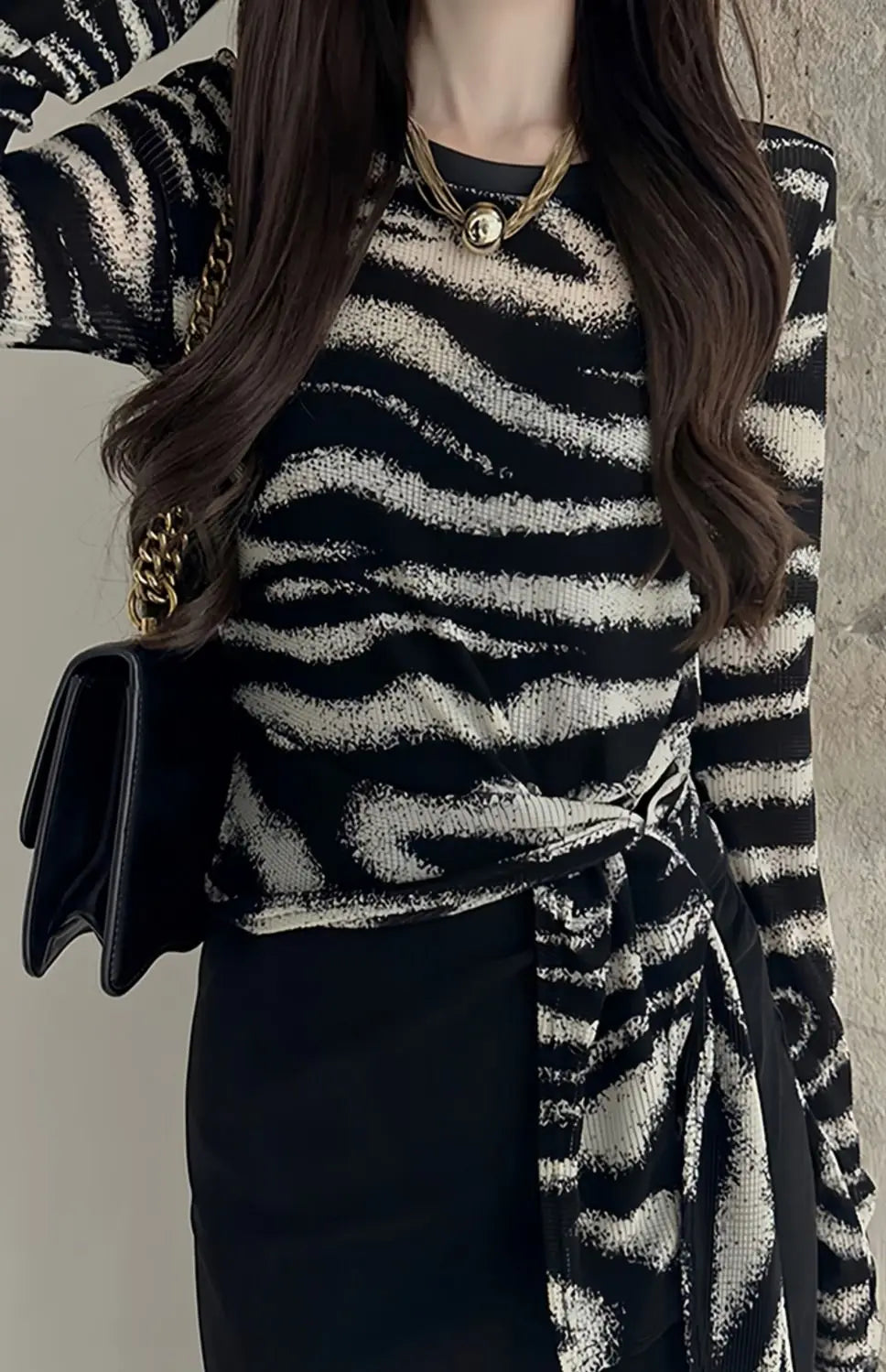 Long Sleeve T Shirt Womens Spring Autumn New Style Irregular Stripe Tie Detail Fitted Crop Top